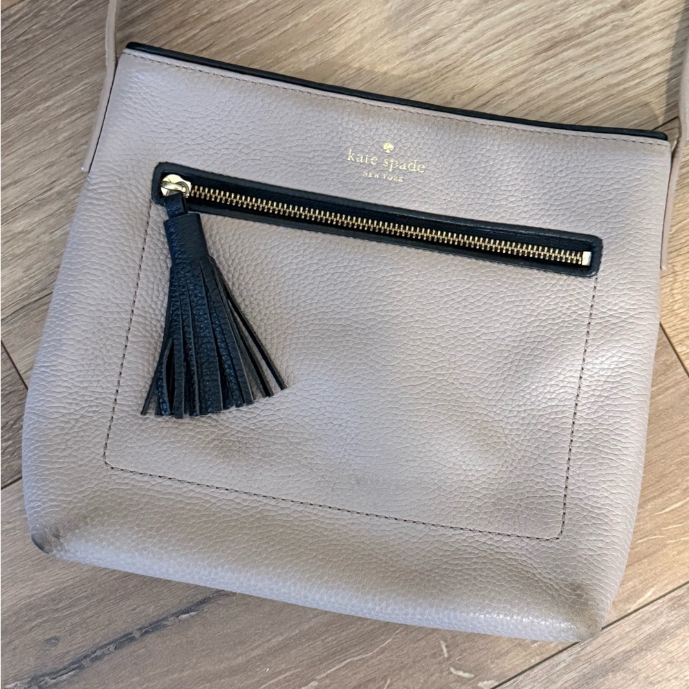 kate spade Pebbled Taupe Crossbody with Black Tassel